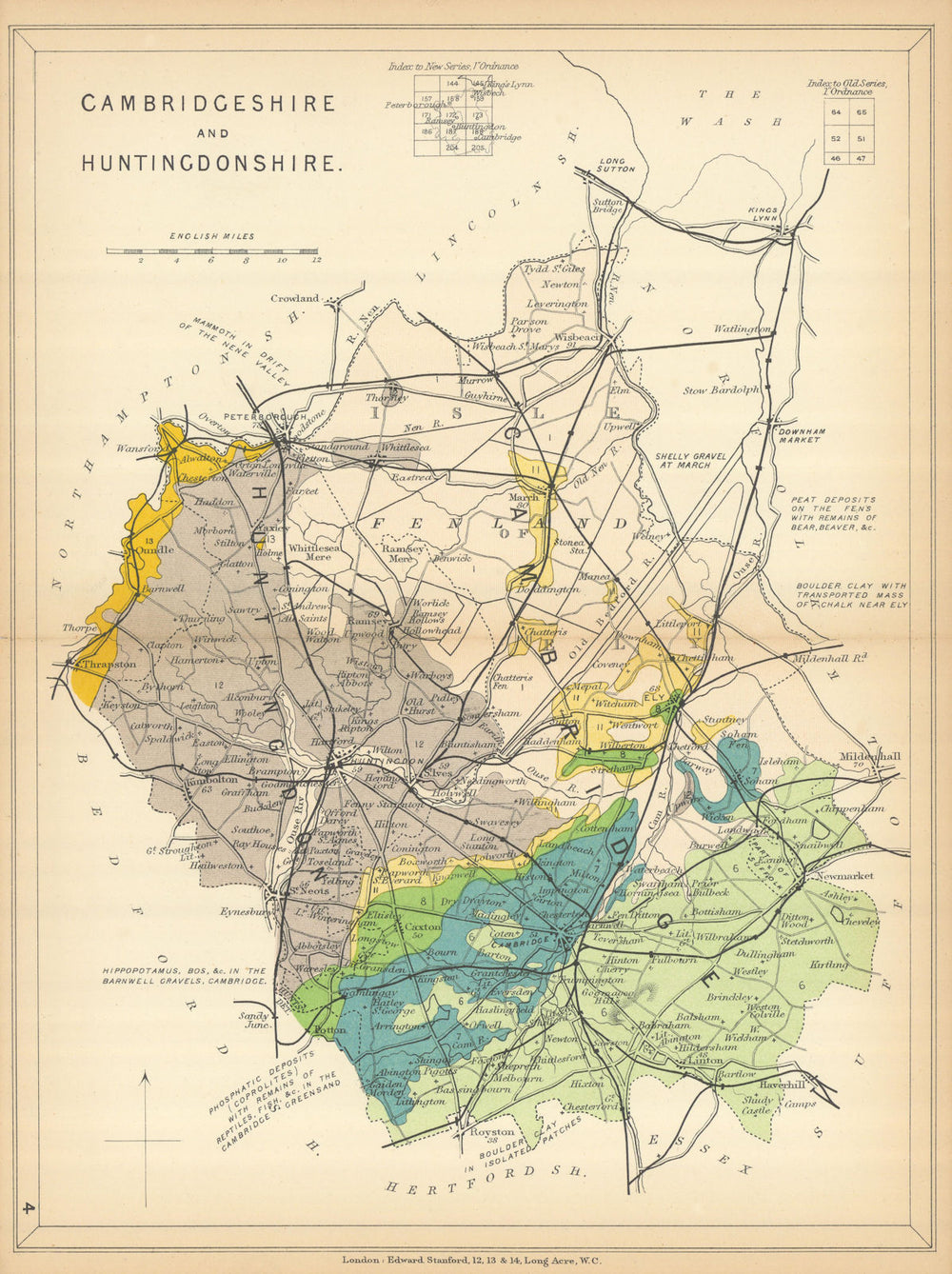 CAMBRIDGESHIRE AND HUNTINGDONSHIRE Geological map. STANFORD 1904 old