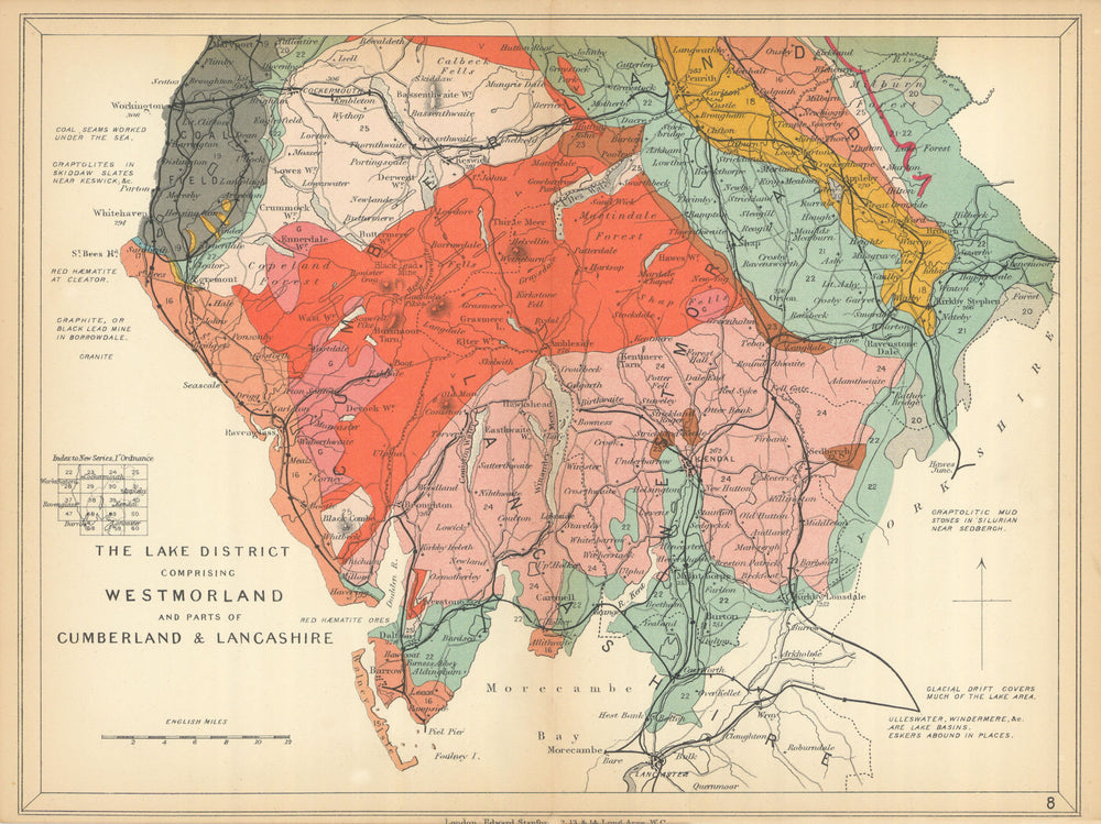 LAKE DISTRICT Westmoreland Cumberland Lancashire. Geological. STANFORD 1904 map