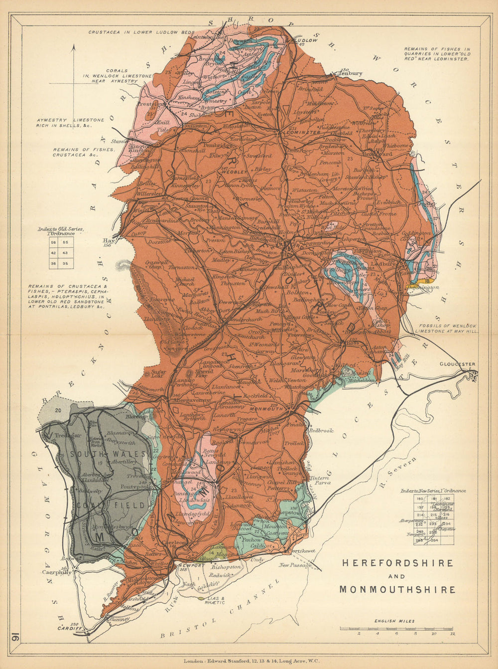 HEREFORDSHIRE AND MONMOUTHSHIRE Geological map. STANFORD 1904 old antique