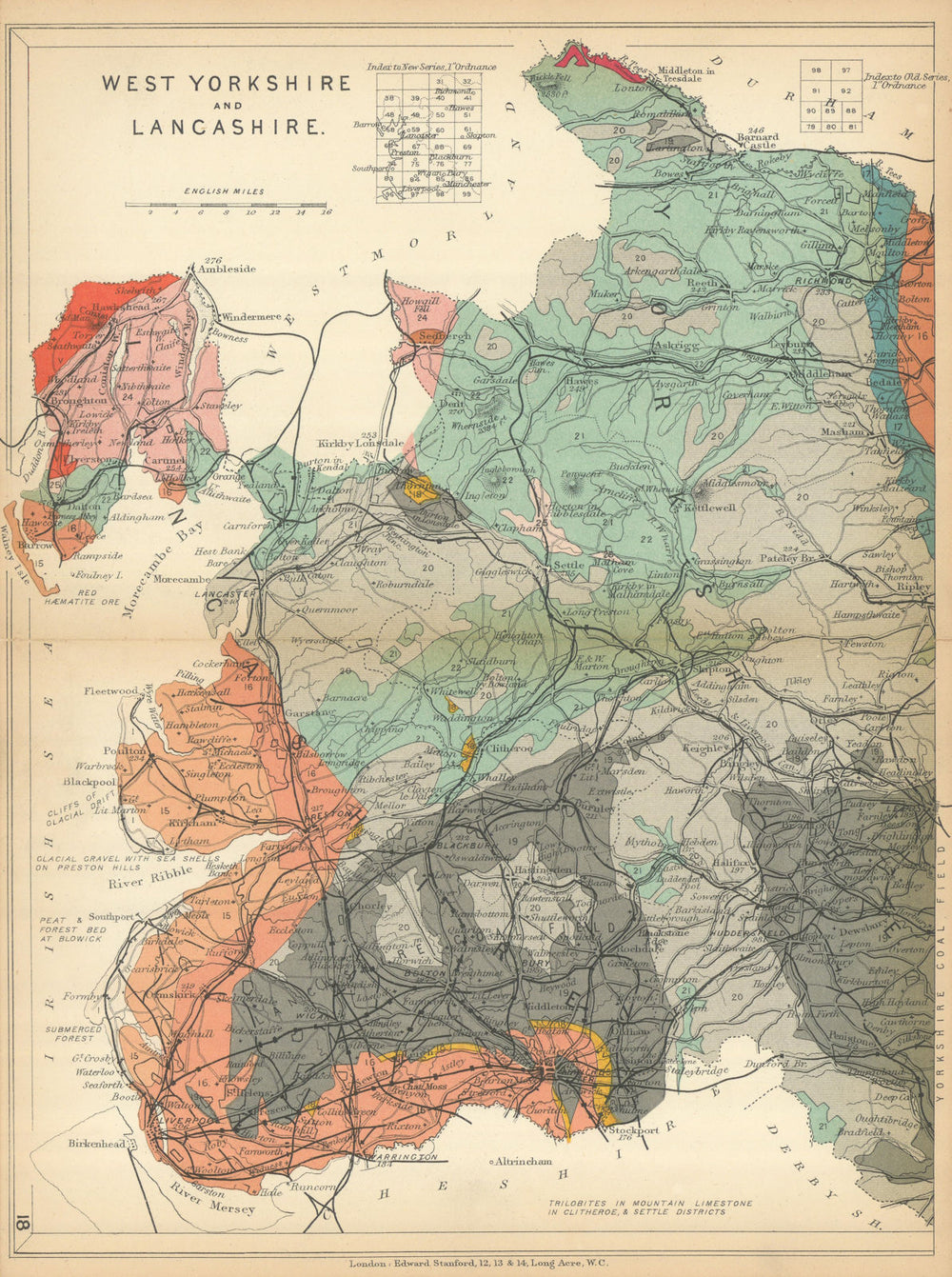 WEST YORKSHIRE AND LANCASHIRE Geological map. STANFORD 1904 old antique