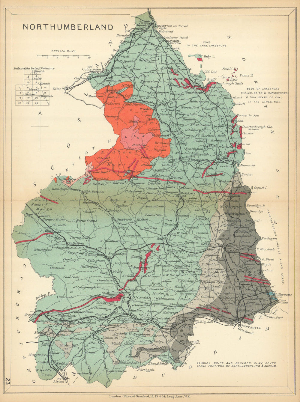 NORTHUMBERLAND Geological map. STANFORD 1904 old antique plan chart