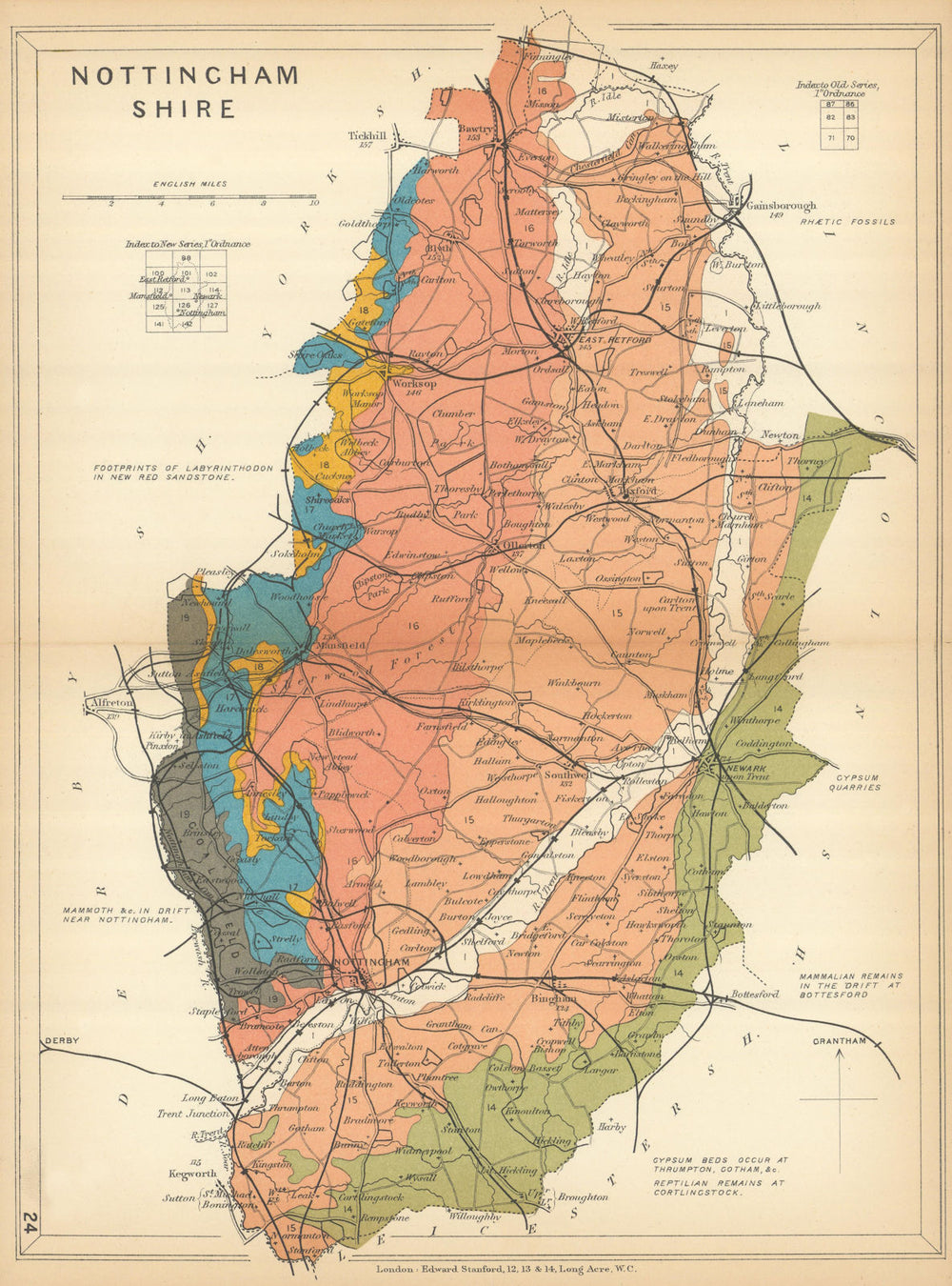 NOTTINGHAMSHIRE Geological map. STANFORD 1904 old antique plan chart
