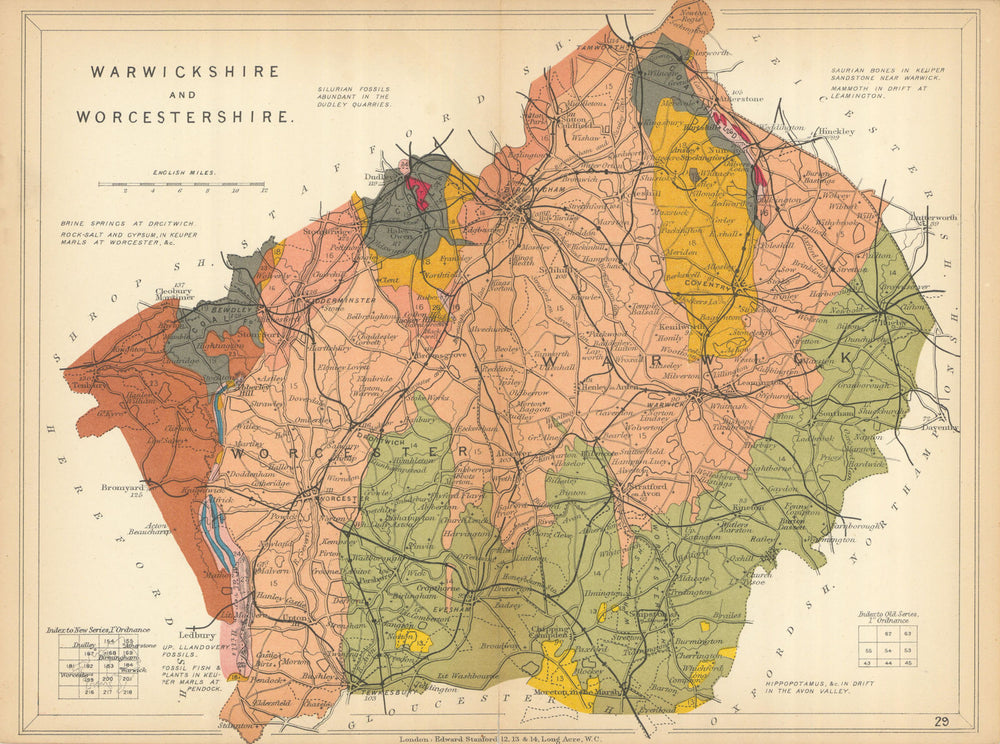 WARWICKSHIRE AND WORCESTERSHIRE Geological map. STANFORD 1904 old antique