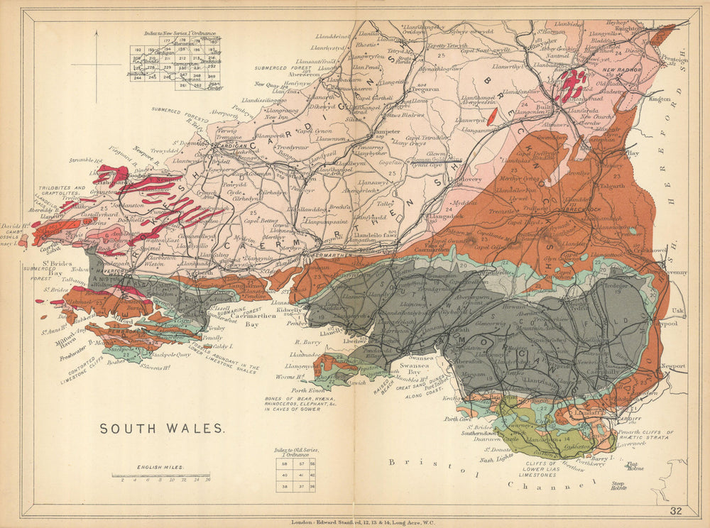 SOUTH WALES Geological map. STANFORD 1904 old antique vintage plan chart