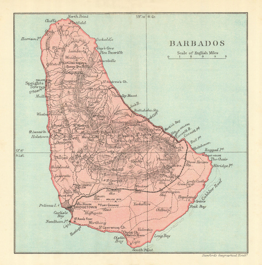 BARBADOS. Vintage map. West Indies Caribbean 1910 old antique plan chart
