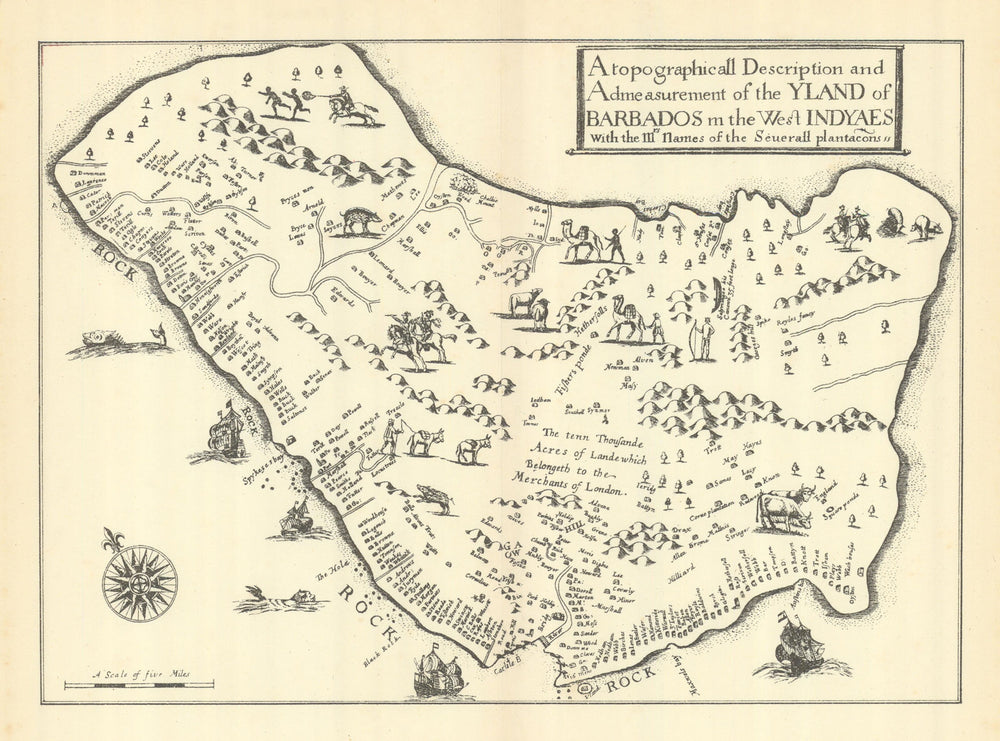 "YLAND OF BARBADOS". Plantations. After Ligon 1657. West Indies 1910 old map