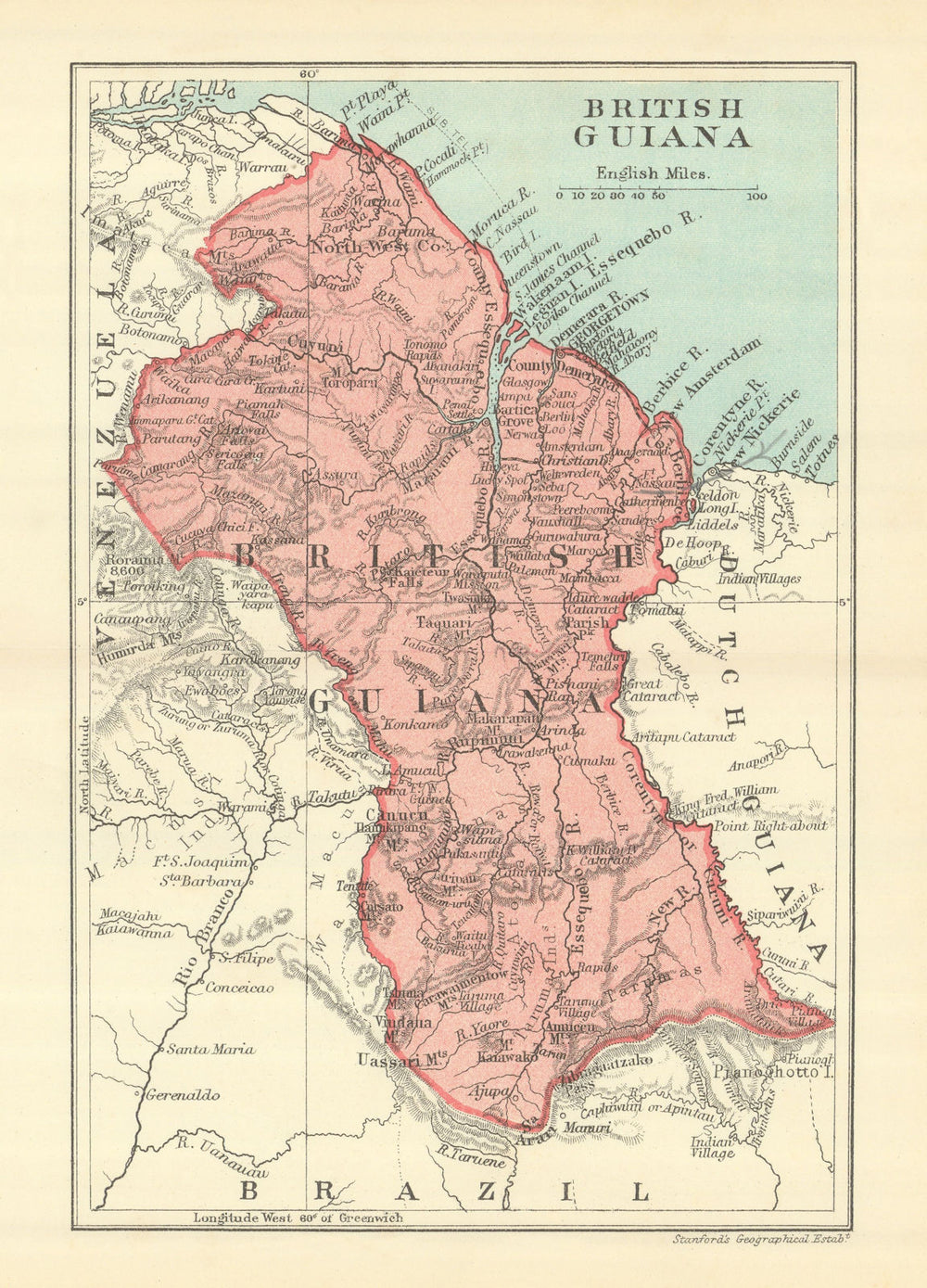 BRITISH GUIANA (GUYANA) . Vintage map. Guyana. Caribbean 1910 old antique