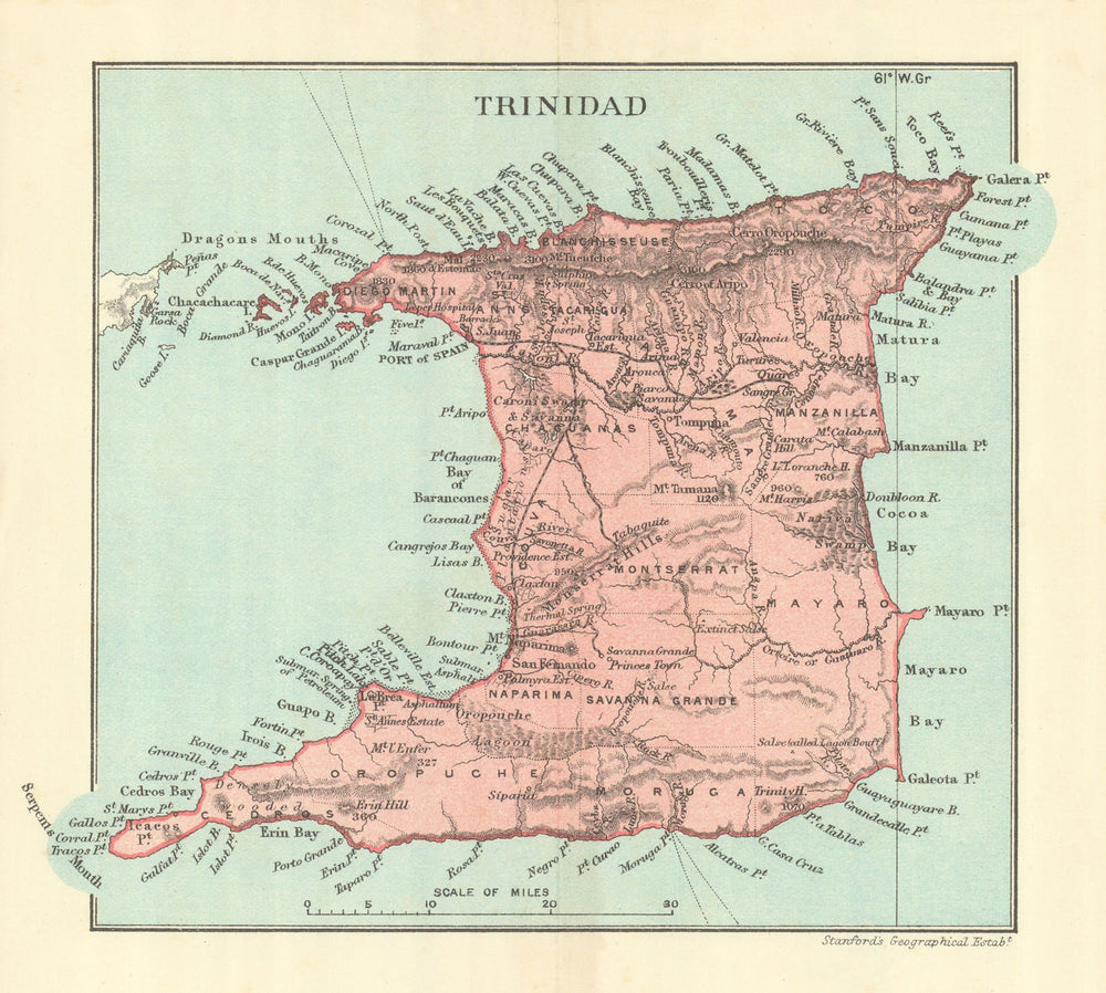 TRINIDAD. Vintage map. West Indies. Caribbean 1910 old antique plan chart