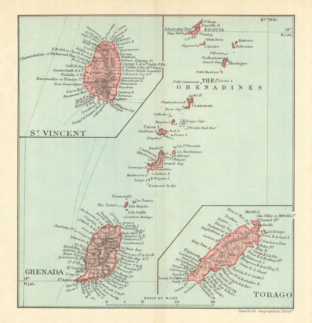 GRENADINES. Grenada & St Vincent. Also Tobago. West Indies vintage map 1910