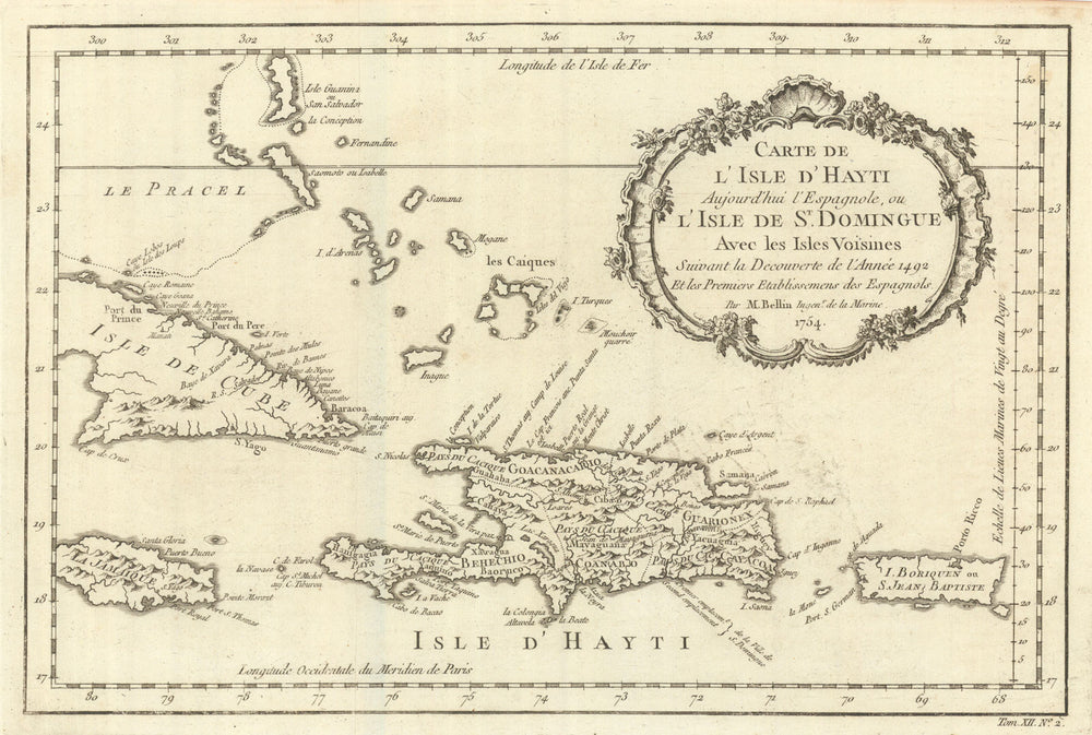 'Carte de I’Isle d’Hayti…ou St. Domingue' Hispaniola Bahamas. BELLIN 1754 map