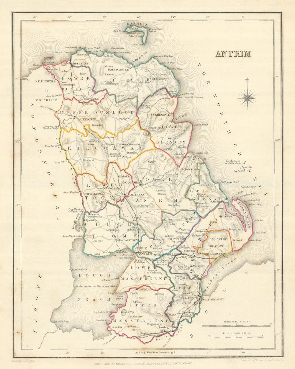 COUNTY ANTRIM antique map for LEWIS by CREIGHTON & DOWER. Ulster 1850 old
