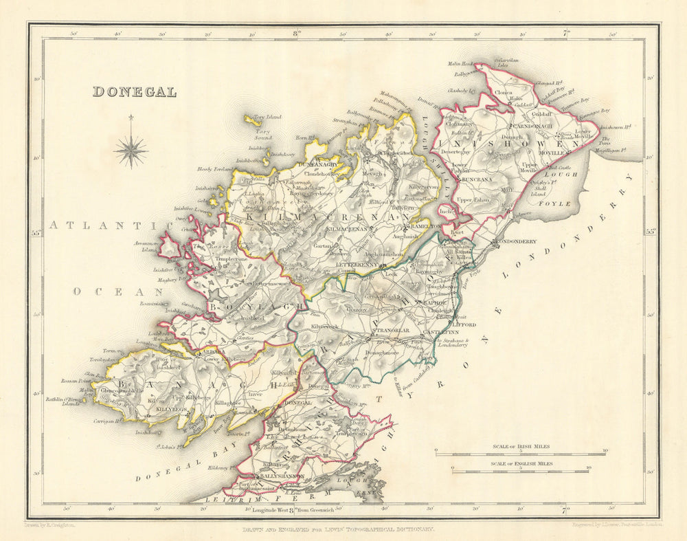 COUNTY DONEGAL antique map for LEWIS by CREIGHTON & DOWER. Ireland 1850