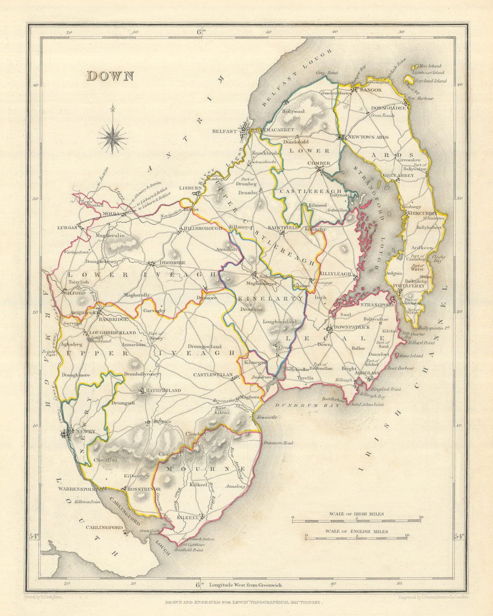 COUNTY DOWN antique map for LEWIS by CREIGHTON & DOWER. Ulster 1850 old