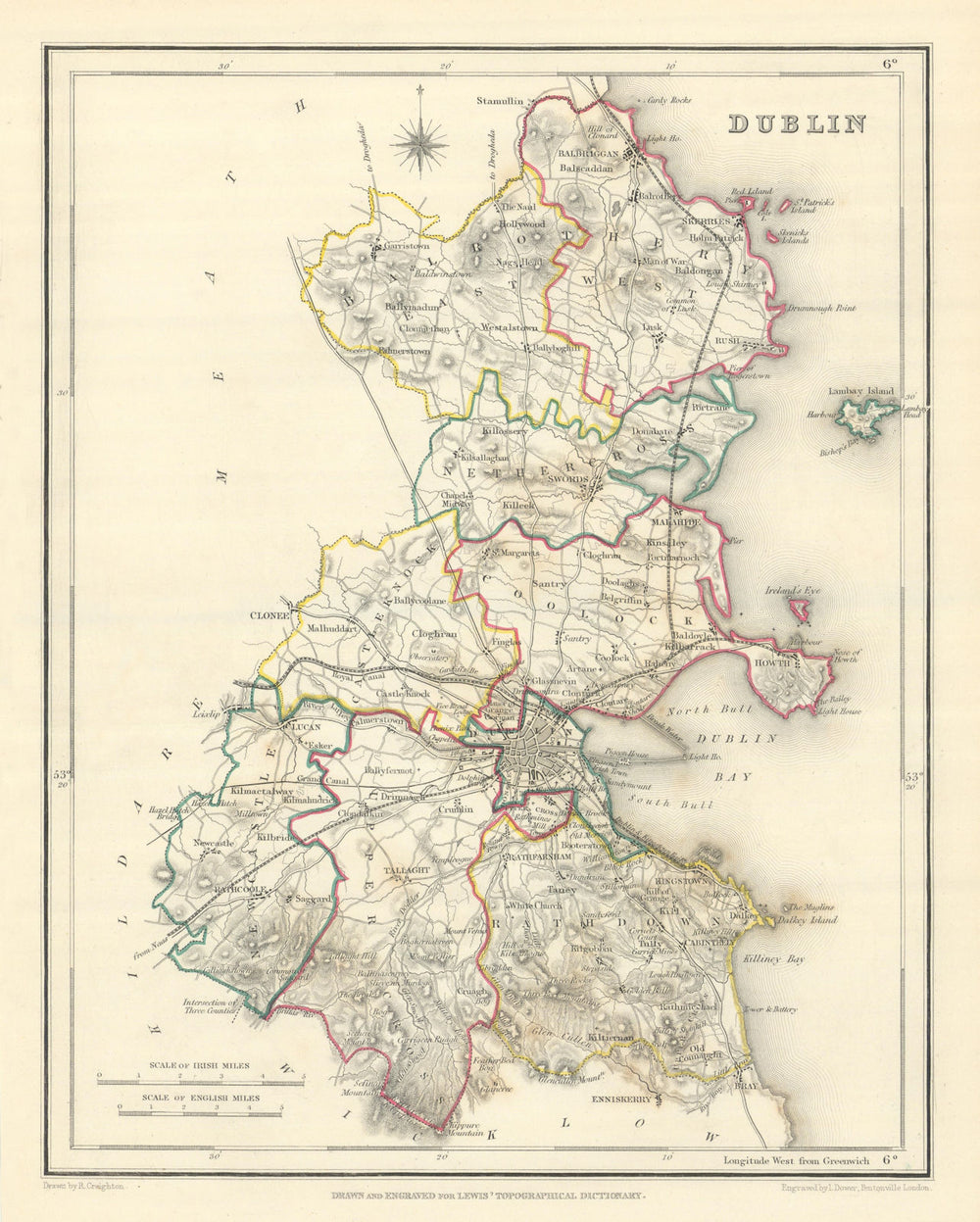 COUNTY DUBLIN antique map for LEWIS by CREIGHTON & DOWER. Ireland 1850 old
