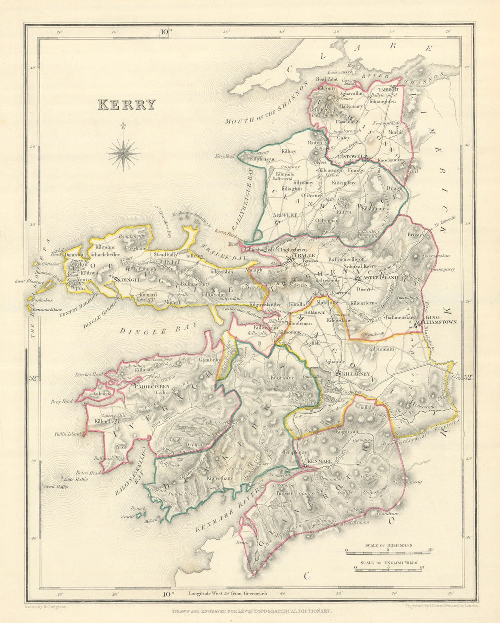 COUNTY KERRY antique map for LEWIS by CREIGHTON & DOWER. Ireland 1850 old