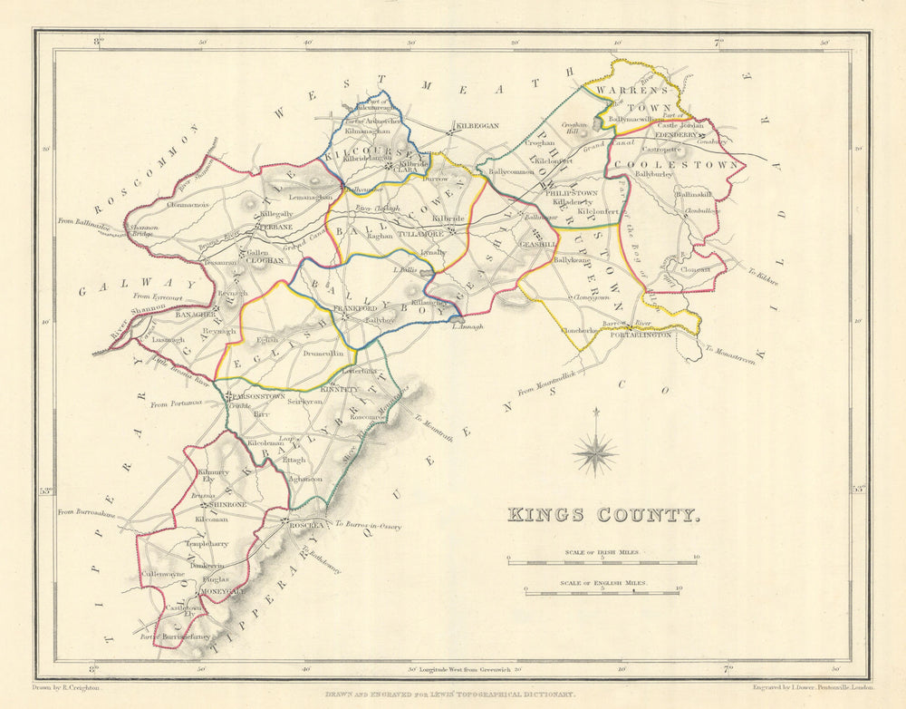 KINGS COUNTY (OFFALY) antique map for LEWIS. CREIGHTON & DOWER. Ireland 1850