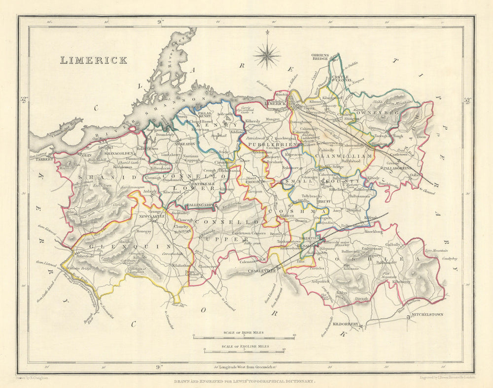 COUNTY LIMERICK antique map for LEWIS by CREIGHTON & DOWER. Ireland 1850