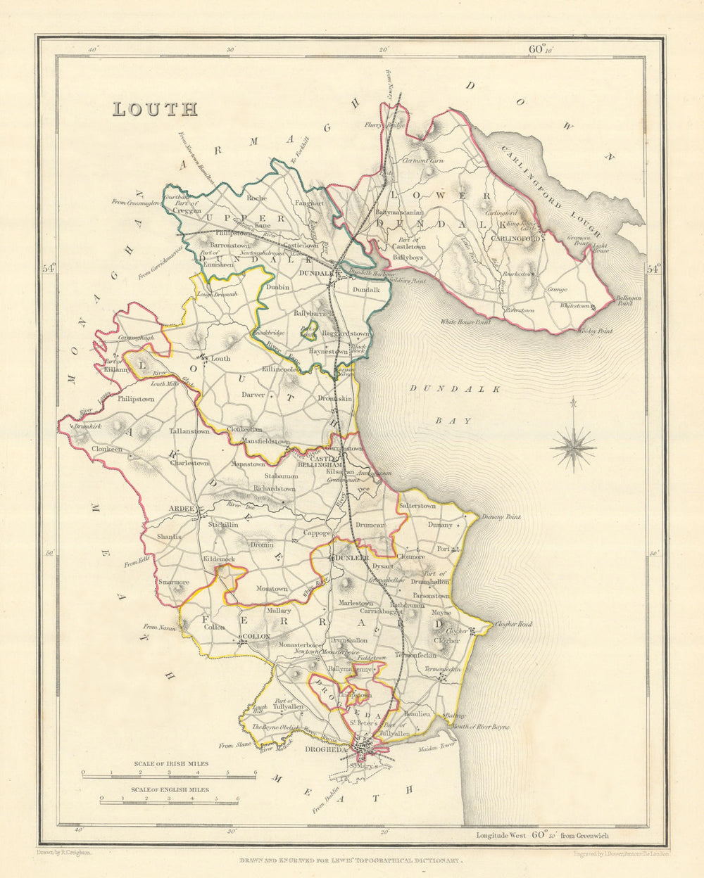 COUNTY LOUTH antique map for LEWIS by CREIGHTON & DOWER. Ireland 1850 old