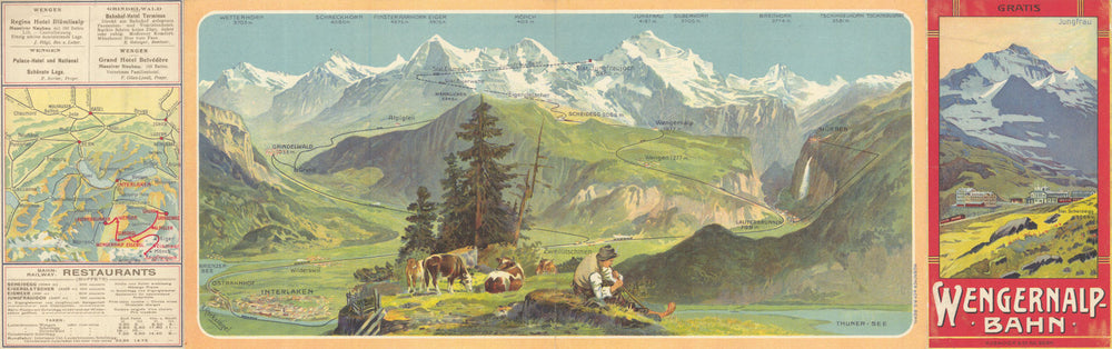 Wengernalp Bahn by Hubacher & Co. Swiss mountains railway map. Jungfrau 1913