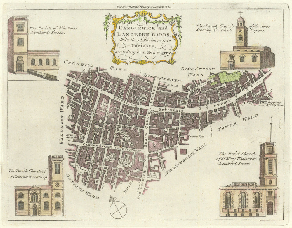 Candlewick & Langborn Wards. City of London Gracechurch Cannon. BOWEN 1772 map