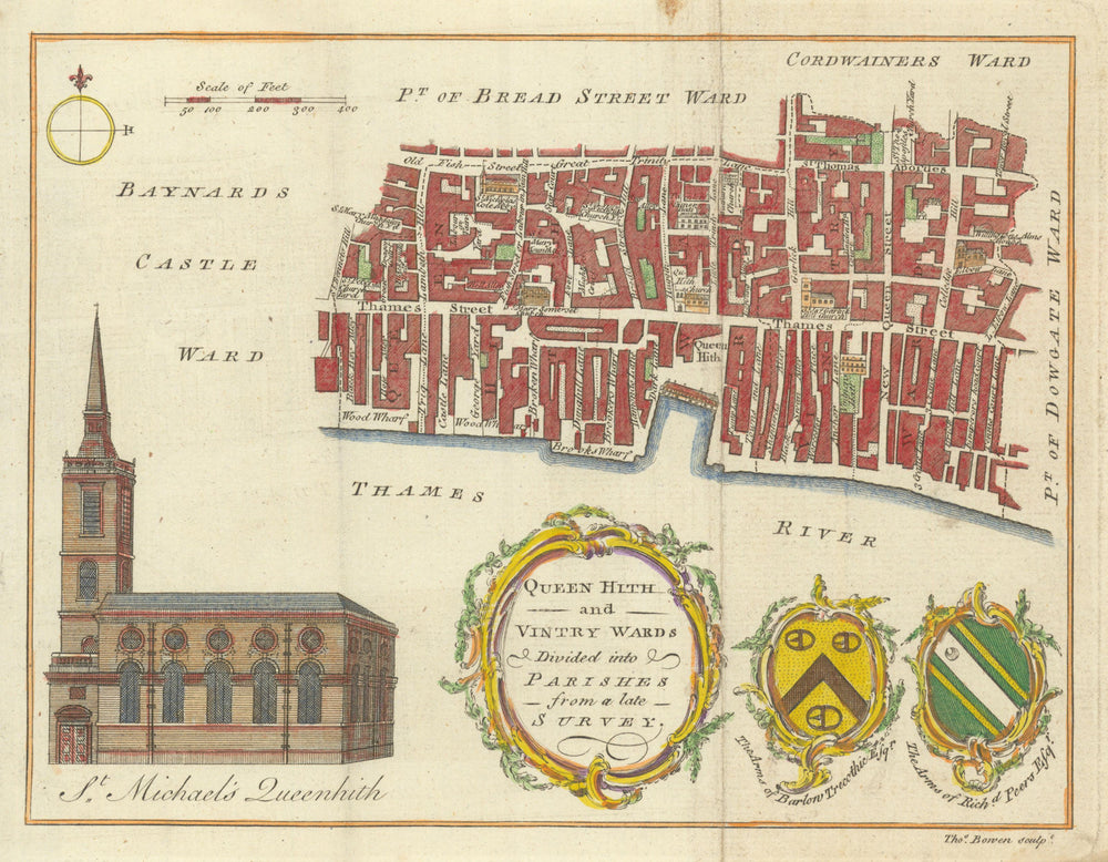 Queen Hith & Vintry Wards. City of London. Thames Street. BOWEN c1772 old map