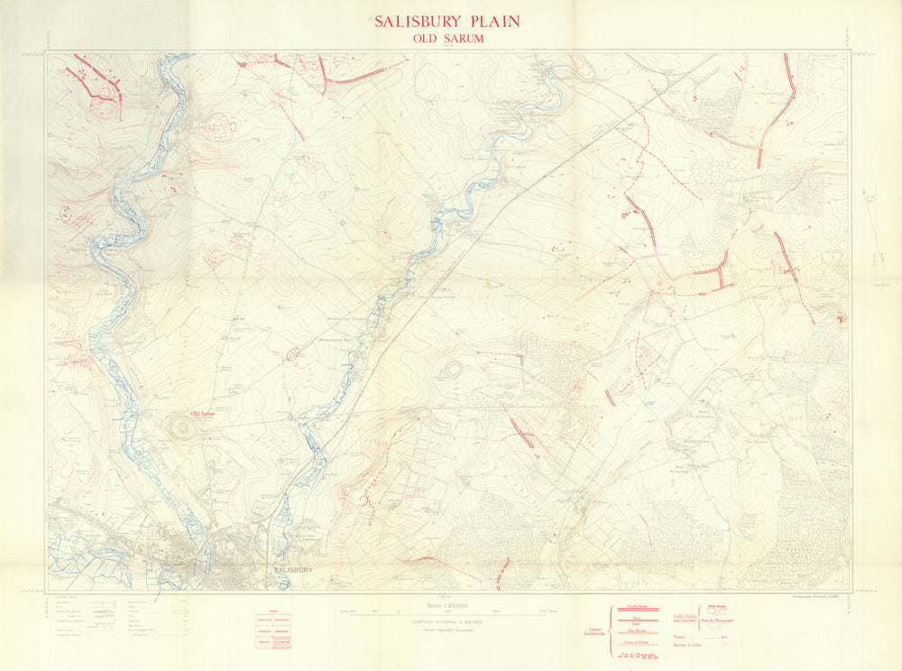 Salisbury Plain Celtic Earthworks - Old Sarum. OGS Crawford/OS. Scarce 1933 map