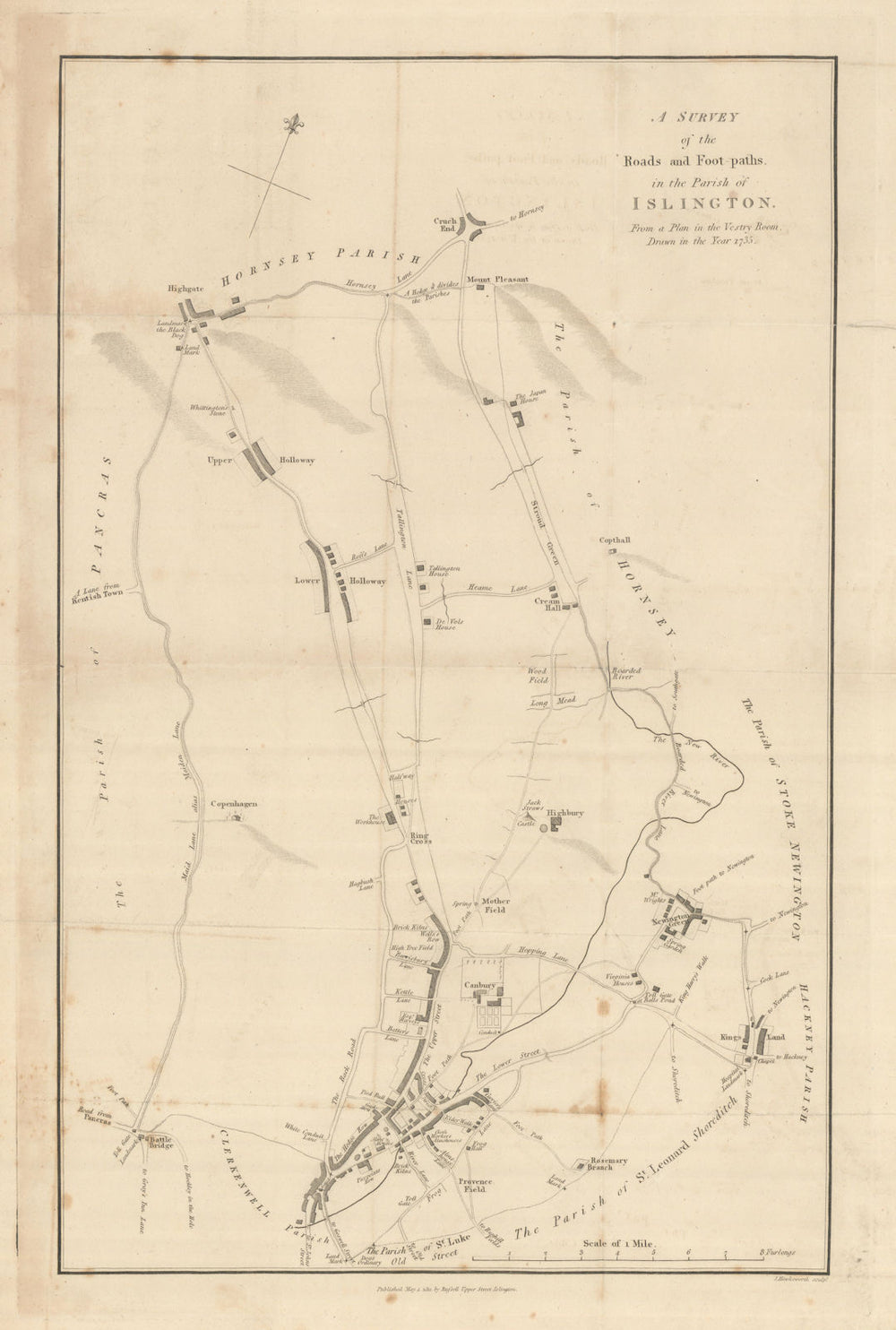 ISLINGTON PARISH 1735 Holloway Highgate Crouch End. Scarce HAWKSWORTH 1811 map