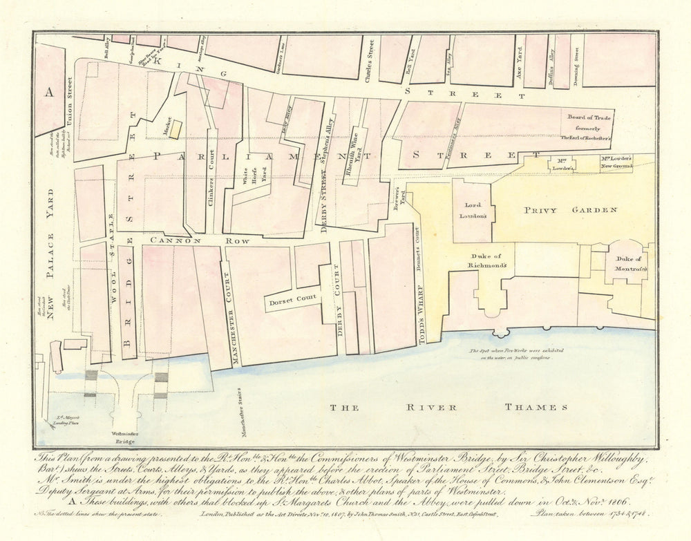 Westminster in 1734 before Parliament & Bridge Streets. J.T. SMITH 1807 map