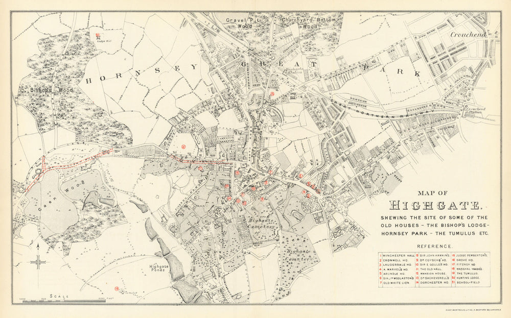Map of Highgate shewing… some of the old houses. Kenwood Hornsey Crouch End 1888