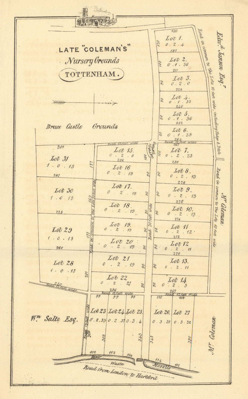Coleman's Nursery Grounds, Church Road/Nursery Lane, Tottenham 1840 old map