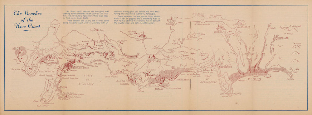The Beaches of the Nice Coast. Cote'Azur tourist guide c1935 old vintage map