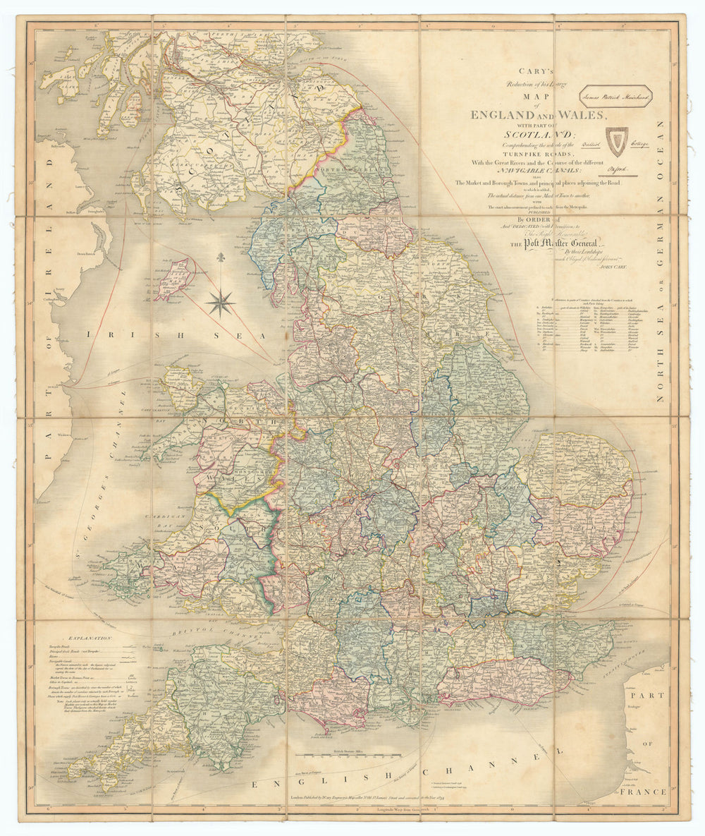 'Cary's reduction of his large map of England & Wales'. Turnpikes canals &c 1834