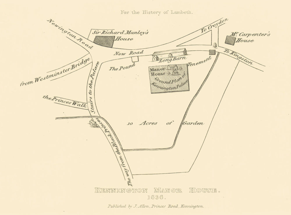 Kennington Manor House in 1636. Long Barn. Black Prince's palace 1827 old map