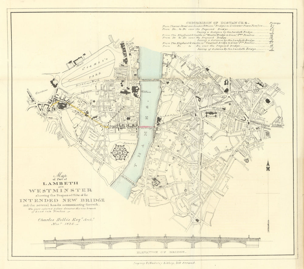 Part of Lambeth & Westminster shewing the… intended new bridge. HOLLIS 1827 map