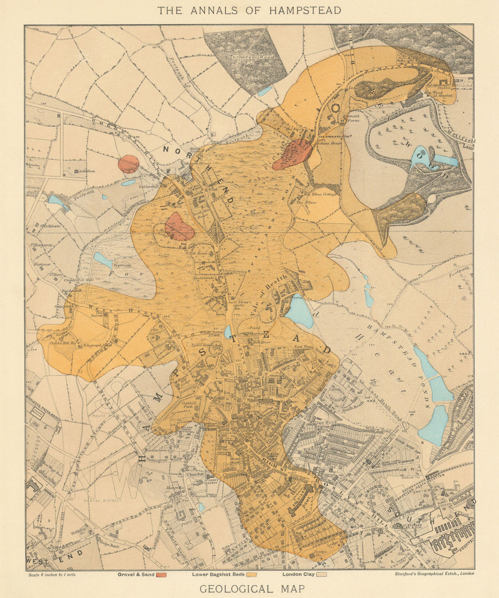 Hampstead Geological Map. Clay, Gravel & Sand, Lower Bagshot Beds. STANFORD 1912