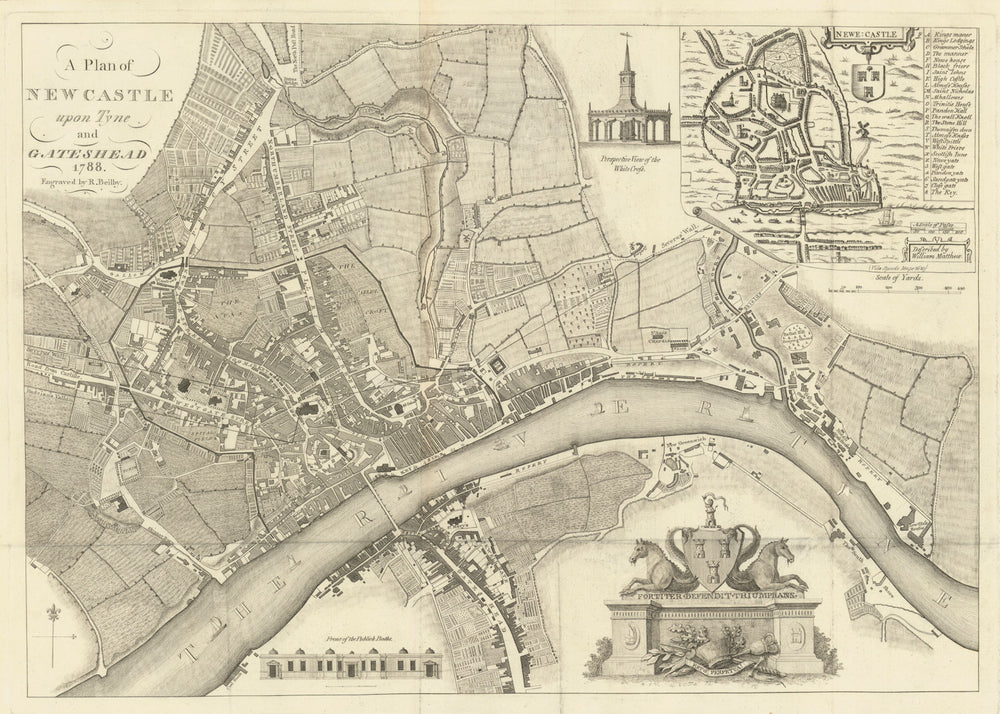 Plan of Newcastle upon Tyne and Gateshead 1788. Engraved by R. Beilby 1789 map