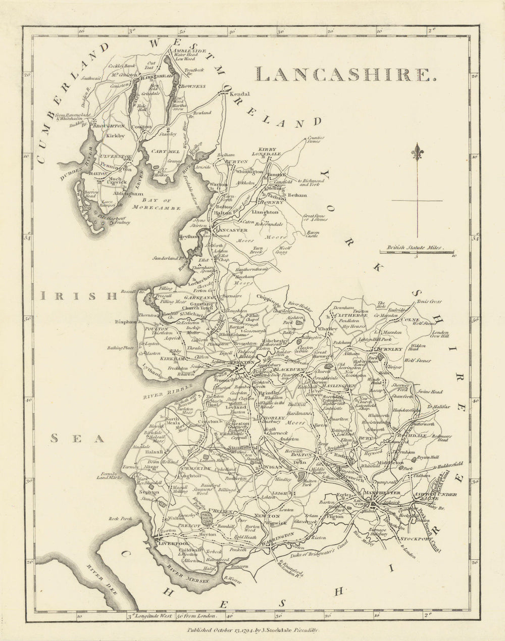Lancashire county map by John Stockdale 1795 old antique plan chart