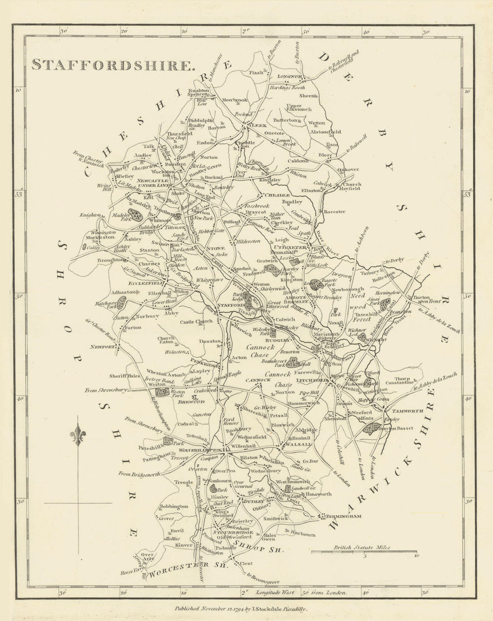 Staffordshire county map by John Stockdale 1795 old antique plan chart