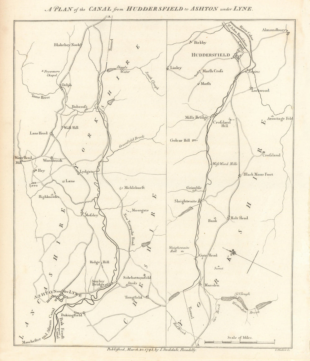 Huddersfield Narrow Canal to Ashton under Lyne. STOCKDALE 1795 old antique map