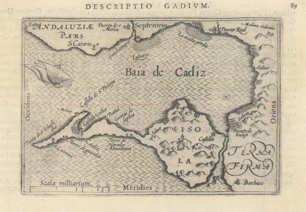 Gadium / Baia de Cadiz by Bertius / Langenes. Bay of Cadiz 1603 old map