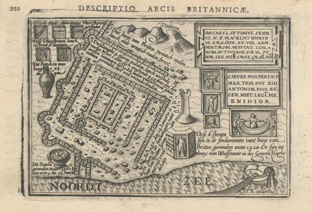 Arcis Britannicae by Bertius. Brittenburg Roman fort, Netherlands 1603 old map