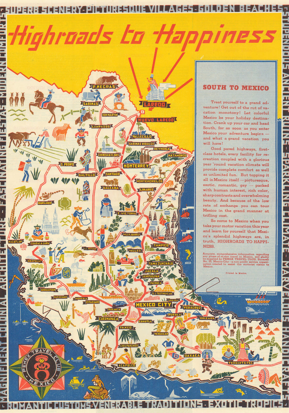 Highroads to Happiness. Mexico tourist map 45x32cm c1955 old vintage chart