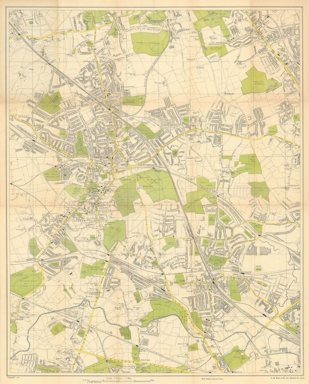 Bacon's Large Scale Plan of Harrow. Edgware Sudbury & Wembley 50x62cm c1925 map