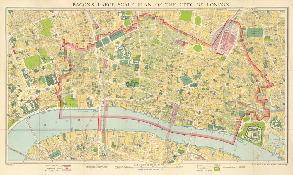 Bacon's Large Scale Plan of the City of London showing Blitz damage c1946 map