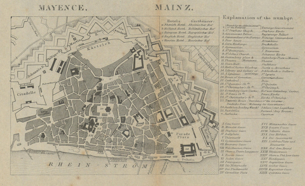 Mayence / Mainz town city plan. Germany. BRADSHAW c1853 old antique map chart