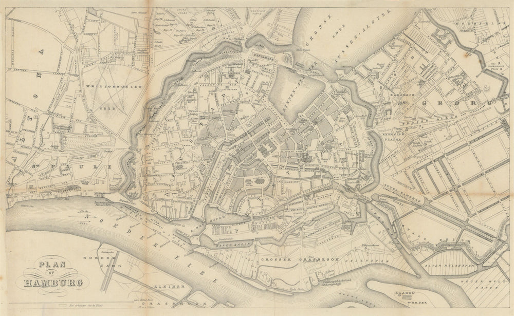 Town city plan of Hamburg, Germany. BRADSHAW c1853 old antique map chart