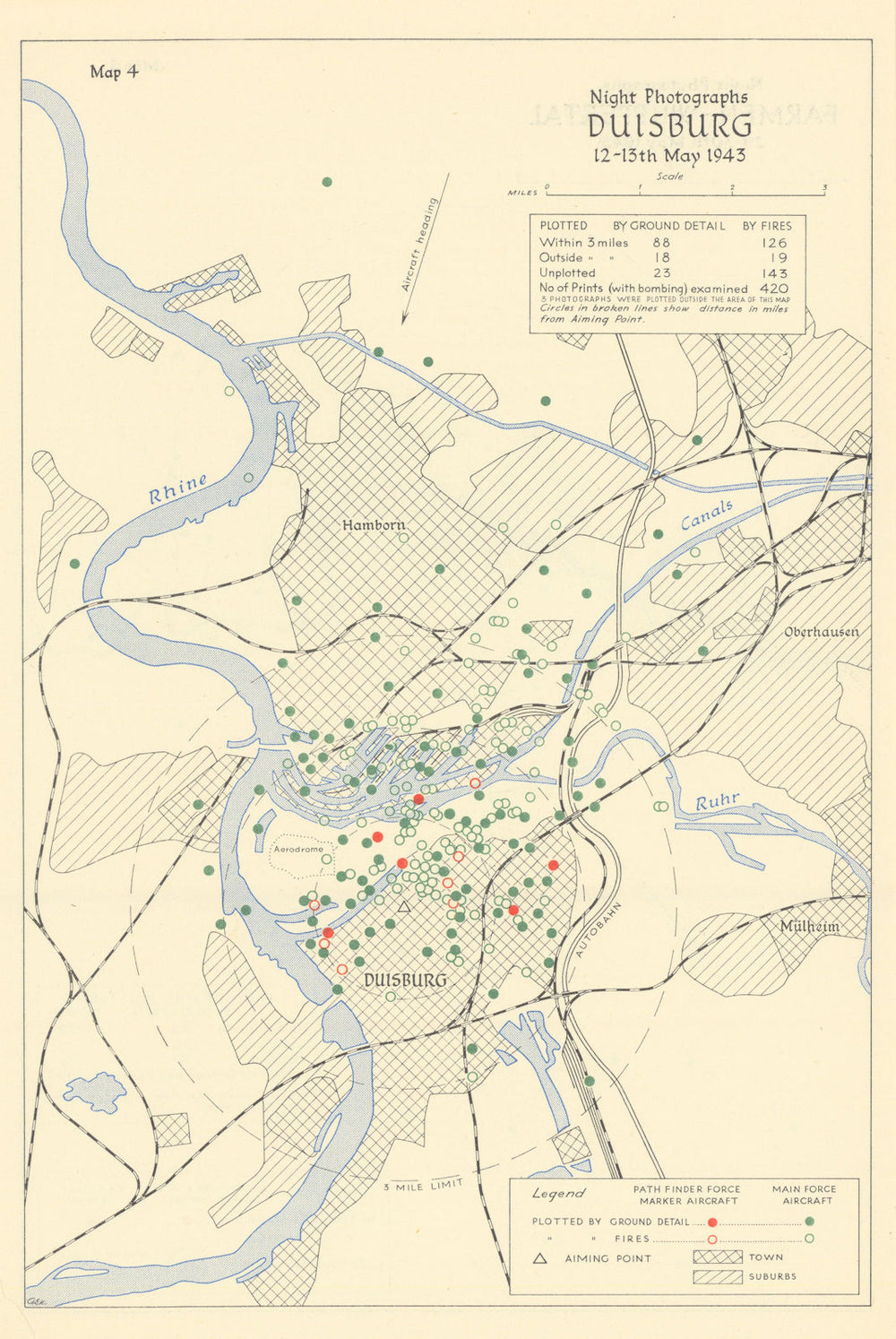 Duisburg 12-13th May 1943 RAF bombing impact assessment. World War Two 1961 map