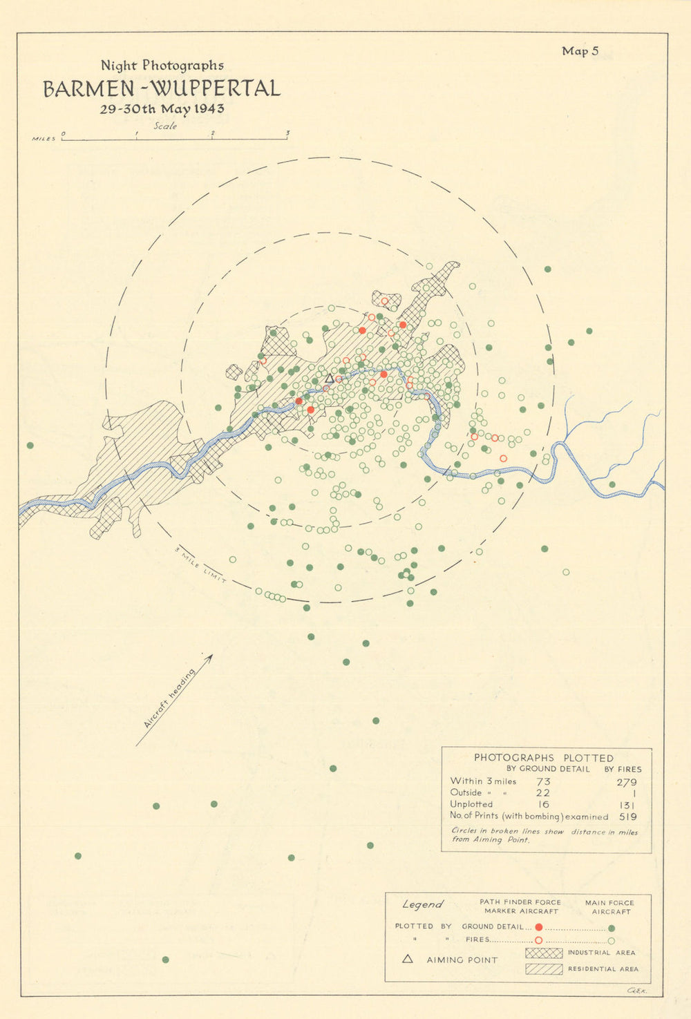 Barmen-Wuppertal 29-30 May 1943 RAF bombing impact assessment. WW2 1961 map