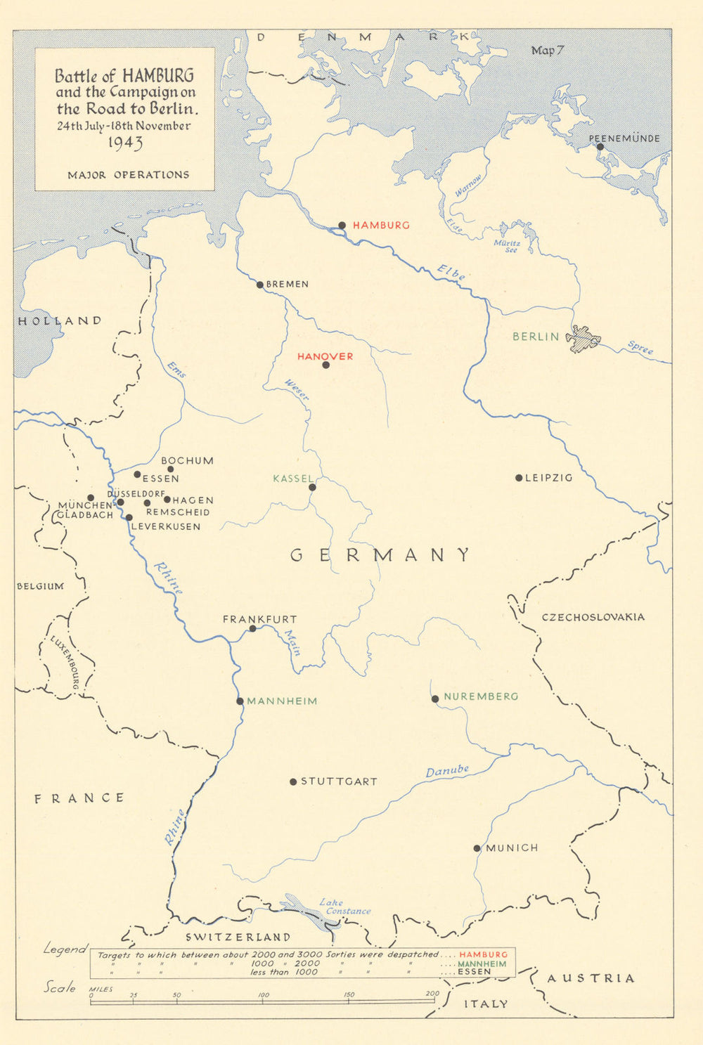RAF Bombing of Hamburg July-November 1943. World War Two 1961 old vintage map