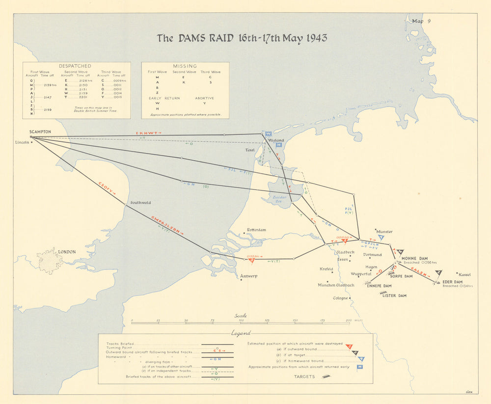 Dambusters Raid 16-17 May 1943 RAF Ruhr Bombing Chastise World War Two 1961 map